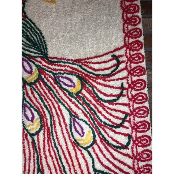Vintage Chenille Peacock Rug Red Green Yellow White ~ 30”x55” 40-50’s Mod - Picture 4 of 16